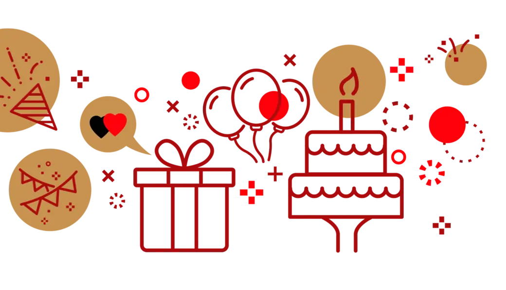 Colorful birthday-themed illustration featuring a cake with a candle, a gift box, cotton candy, festive decorations like party hats, and celebratory elements such as confetti and balloons. The design incorporates various playful shapes and icons, conveying a joyful atmosphere.