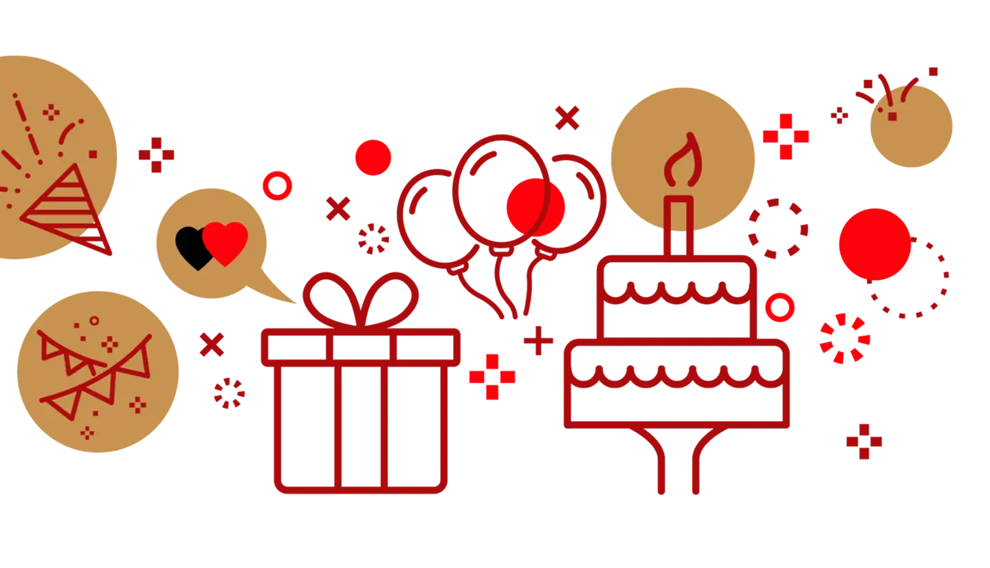 Colorful birthday-themed illustration featuring a cake with a candle, a gift box, cotton candy, festive decorations like party hats, and celebratory elements such as confetti and balloons. The design incorporates various playful shapes and icons, conveying a joyful atmosphere.
