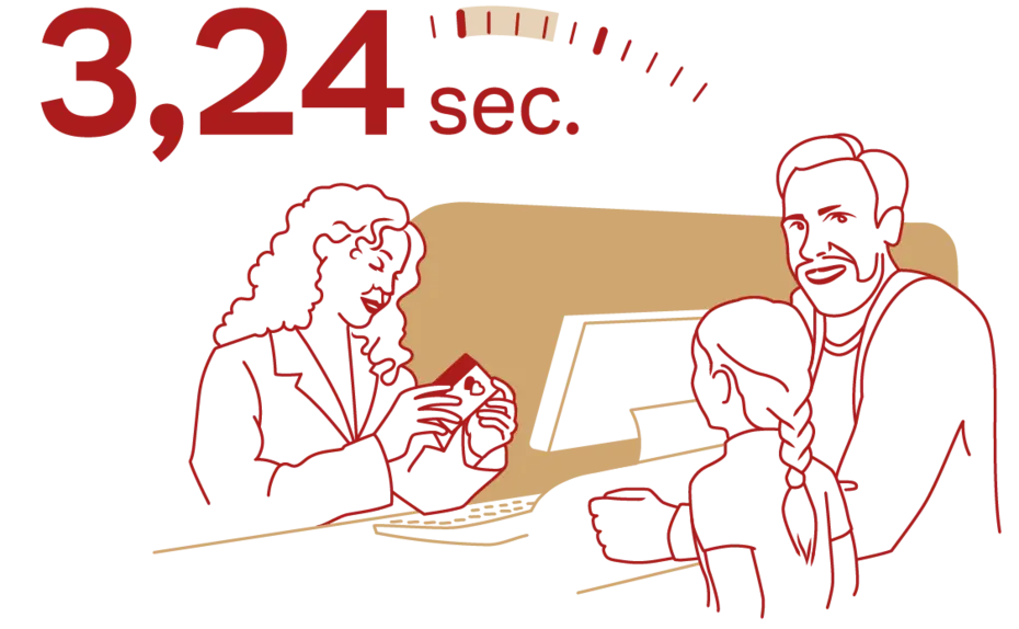A customer service scene featuring a woman assisting two individuals at a counter, with a timer showing "3.24 sec." above. The woman is in a professional outfit, while the customers appear engaged in conversation. The overall tone is friendly and efficient.